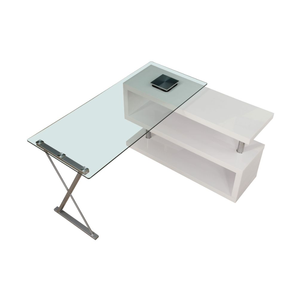 Acme - Buck Writing Desk W/Swivel 92368 Clear Glass Top & White High Gloss Finish