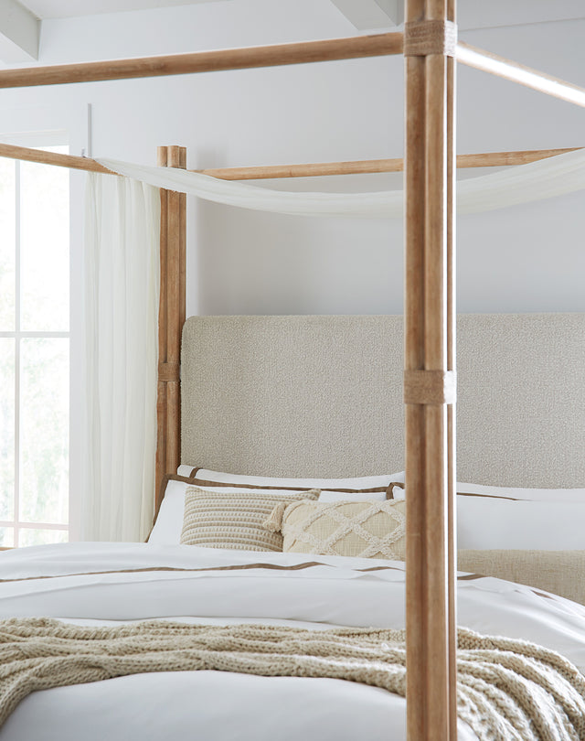 Retreat Pole Rattan California King Upholstered Poster Bed With Canopy - Beige by Hooker Furniture - View 2