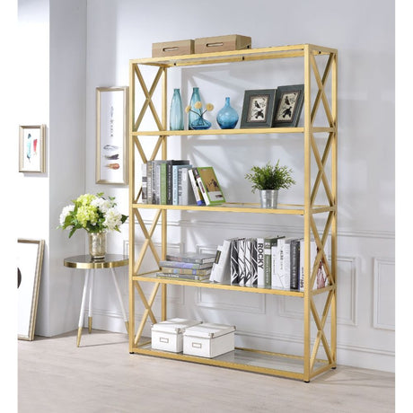 Acme - Milavera Bookcase 92460 Clear Glass & Gold Finish