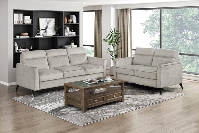 Modern Living Room Sofa Set 2pc Sofa Loveseat Tan Microfiber Upholstery Comfortable Cushion Seat Black Metal Legs Contemporary Furniture