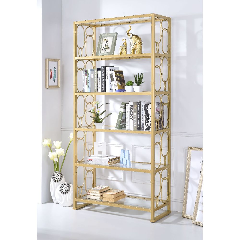 Acme - Milavera Bookshelf 92470 Clear Glass & Gold Finish