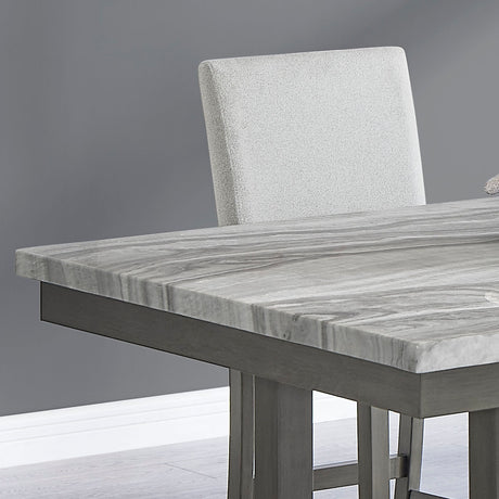 Selena 6-Piece 60' Rectangular Gray Faux Marble Counter Height Dining Set with Storage Shelf, Light Gray Upholstered Chairs & Bench - sold by Home Elegance USA
