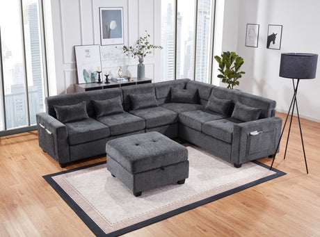 Trevi 115'W Gray Chenille Sectional Sofa with Adjustable Backrest, Charging Ports, Pockets, Tufting, Storage Ottoman, Throw Pillows - sold by Home Elegance USA