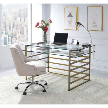 Acme - Shona Writing Desk 92535 Clear Glass Top & Antique Gold Finish