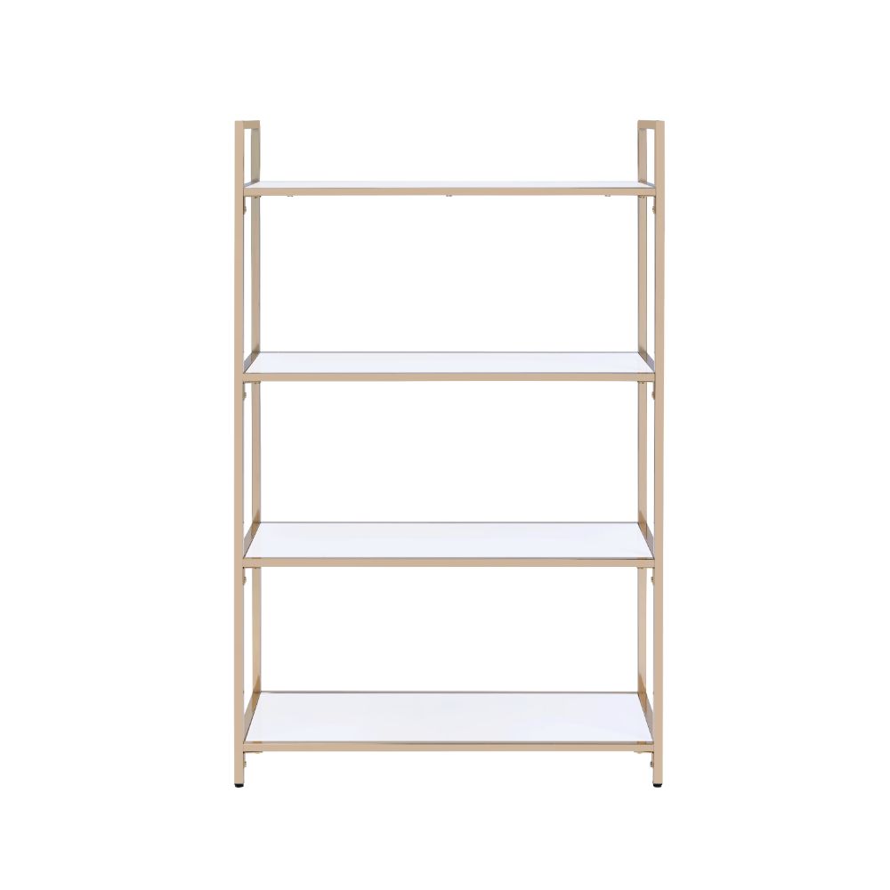 Acme - Ottey Bookshelf 92542 White High Gloss & Gold Finish