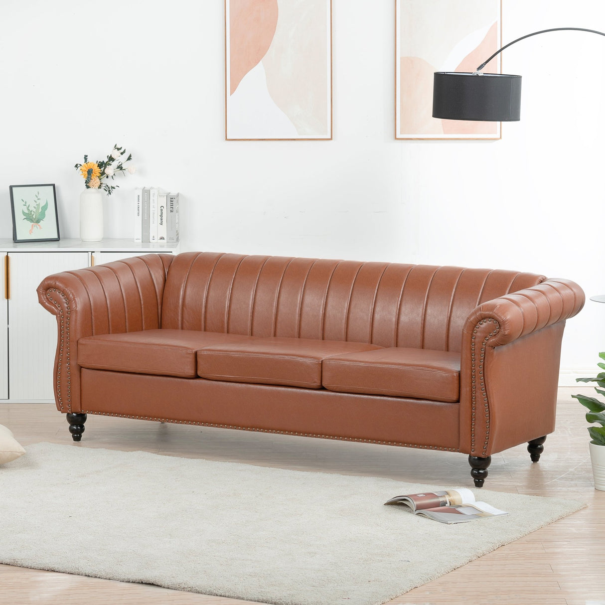 83.46" Brown PU Rolled Arm Chesterfield Three Seater Sofa. | Home Elegance USA