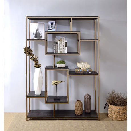 Acme - Scaola Bookshelf 92655 Rustic Gray Oak & Champagne Finish