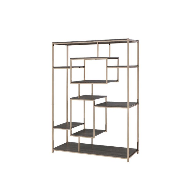 Acme - Scaola Bookshelf 92655 Rustic Gray Oak & Champagne Finish