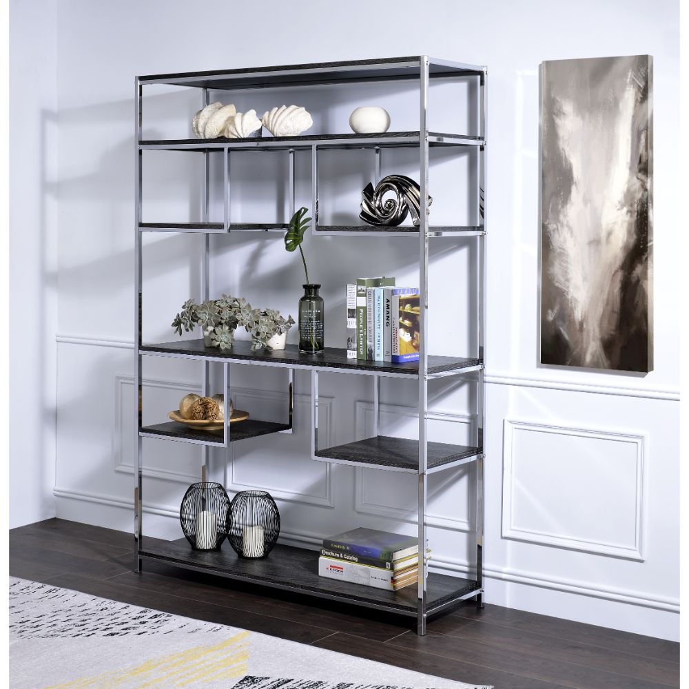 Acme - Vonara Bookshelf 92657 Rustic Gray Oak & Chrome Finish