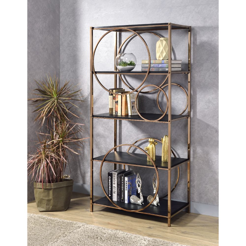 Acme - Hudice Bookshelf 92659 Black Oak & Champagne Finish