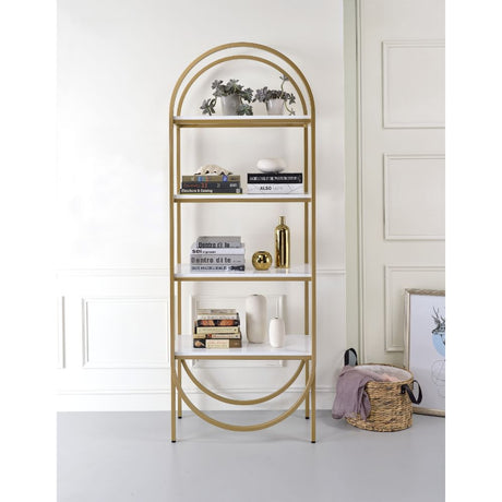 Acme - Lightmane Bookshelf 92662 White High Gloss & Gold Finish