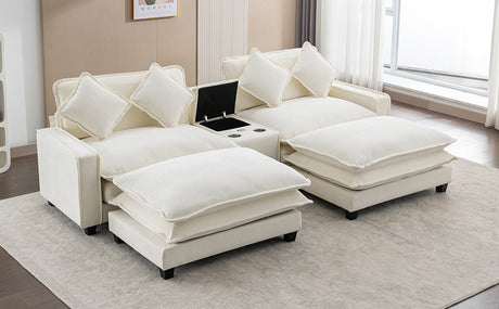 Chenille Upholstered Sectional Sofa with Removable Ottoman, USB Ports, Cup Holders, and Storage, Beige, 111' - sold by Home Elegance USA