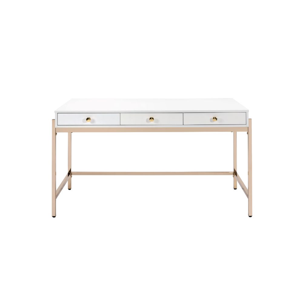 Acme - Ottey Executive Writing Desk 92695 White High Gloss & Gold Finish