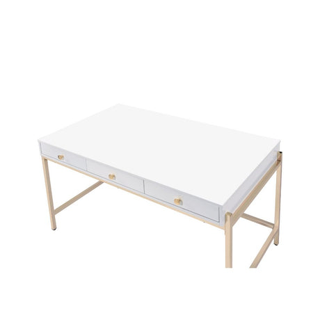 Acme - Ottey Executive Writing Desk 92695 White High Gloss & Gold Finish