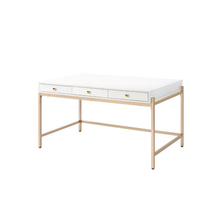 Acme - Ottey Executive Writing Desk 92695 White High Gloss & Gold Finish