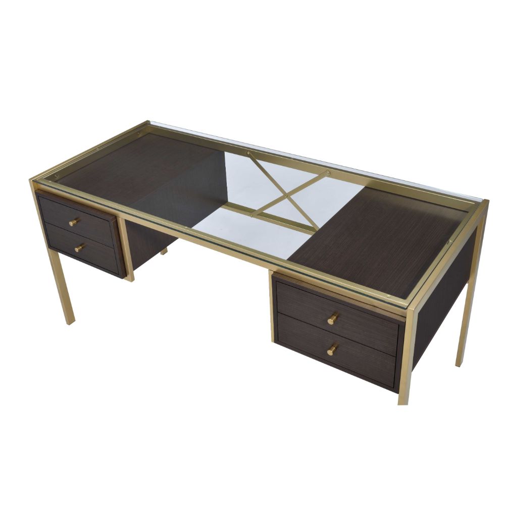 Acme - Yumia Writing Desk 92785 Clear Glass Top & Gold Finish