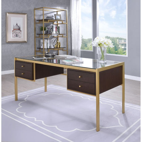 Acme - Yumia Writing Desk 92785 Clear Glass Top & Gold Finish