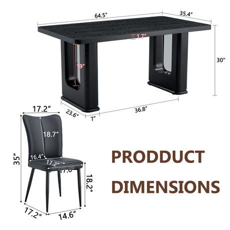 Table and chair set. 64.5 x 35.4 Inch Stylish Black Wood Color Textured Dining Table.Paired with 4 Black PU chairs with a vertical stripe design on the backrest and black metal legs. - sold by Home Elegance USA