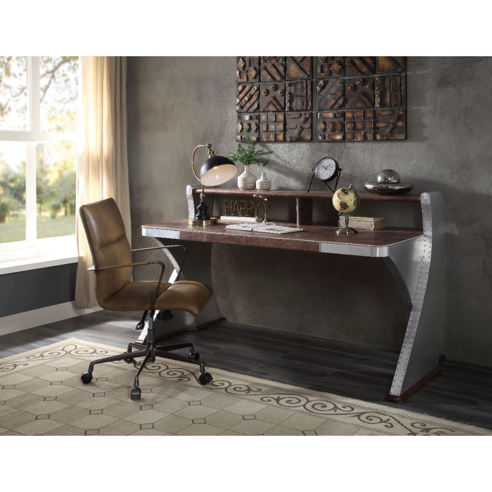 Acme - Brancaster Executive Writing Desk 92857 Retro Brown Top Grain Leather & Aluminum