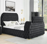 1pc Luxurious Comfort Innovative Design Queen Bed Deeply Tufted Headboard Upholstered Black Velvet Television Lift Built-in Electric Fireplace Bedroom Furniture
