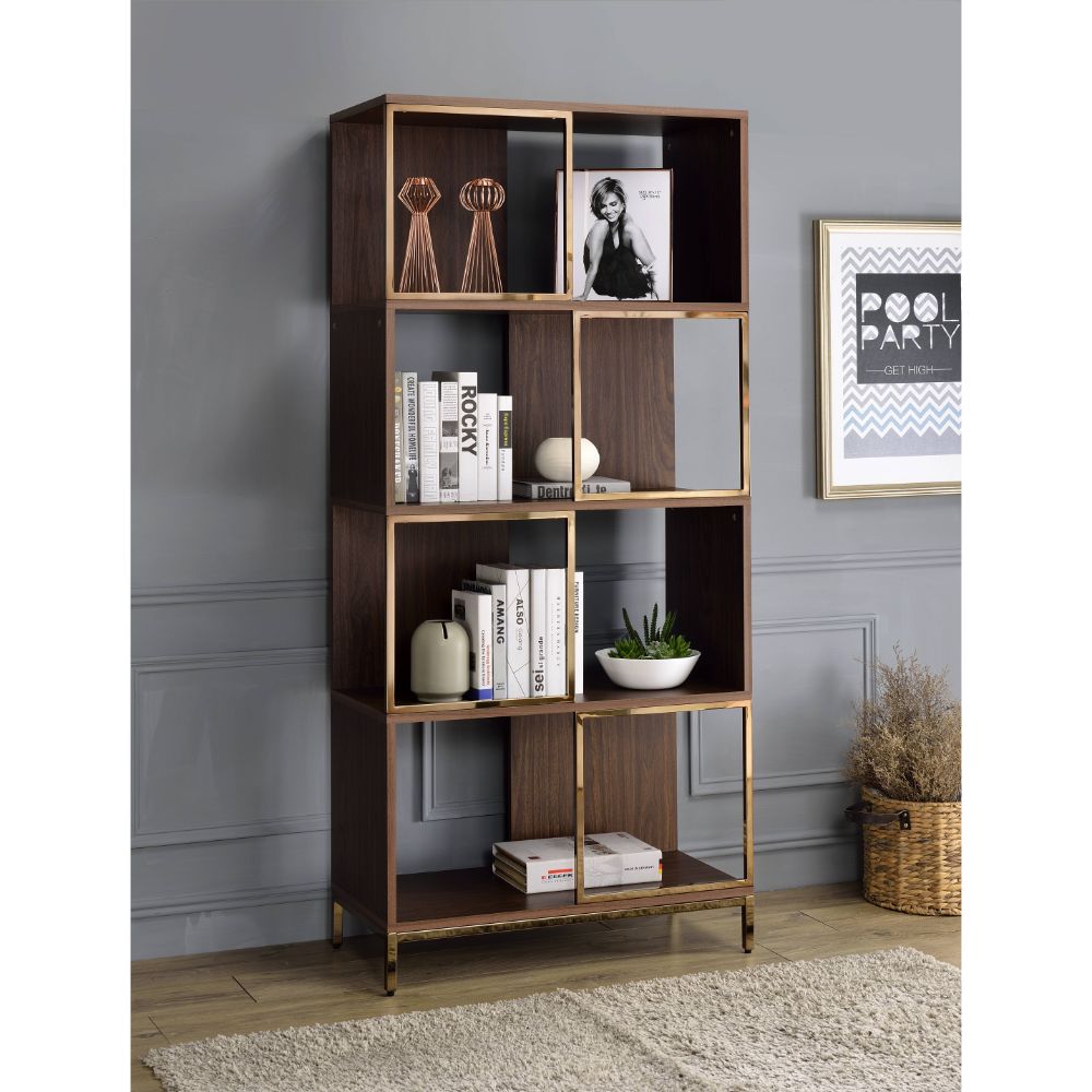 Acme - Diwan Bookshelf 92922 Walnut & Champagne Finish