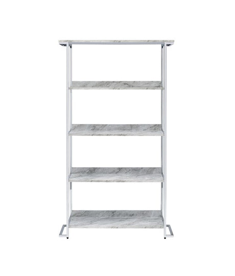 Acme - Visage Bookshelf 92937 White Printed Faux Marble Top & Chrome Finish