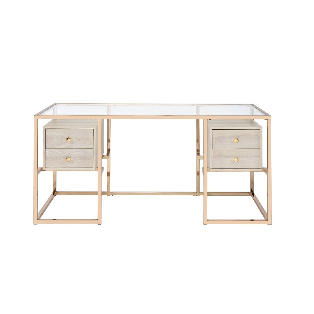 Acme - Huyana Writing Desk 92945 Clear Glass Top & Gold Finish