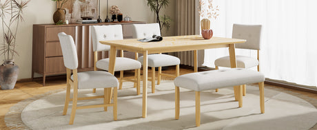 6 Piece Dining Room Table Set, Rustic Farmhouse Dining Room Rectangular Table with 4 Upholstered Chairs and Bench, Solid Wood Kitchen Dining Table Set for 6 Persons (Easy Assembly, Natural Wood Wash) - sold by Home Elegance USA