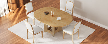 TOPMAX Farmhouse Extendable Round Dining Table Set for 4, 5-Piece Kitchen Table Set with 4 Upholstered Chairs and 16inch Removable Leaf for Small Places, Natural+Beige - sold by Home Elegance USA