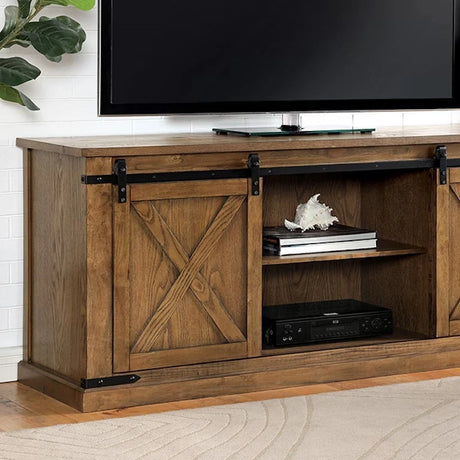 Rustic Style TV Console Base Sliding Doors Metal Accents Multiple Open Storage Shelves X-Design Front Doors Dark Oak Finish - sold by Home Elegance USA