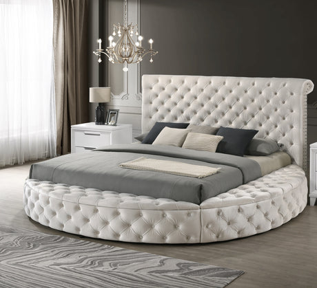 Unique Round Plush Ivory Velvet Button-Tufted Detailing Storage Bed Queen Size White 2x Nightstands Wooden Bedroom Furniture 3pc Set - sold by Home Elegance USA
