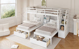 Twin over Twin&Twin Bunk Bed, Triple Bunk Bed with Drawers, Staircase with Storage, Built-in Shelves, White - sold by Home Elegance USA