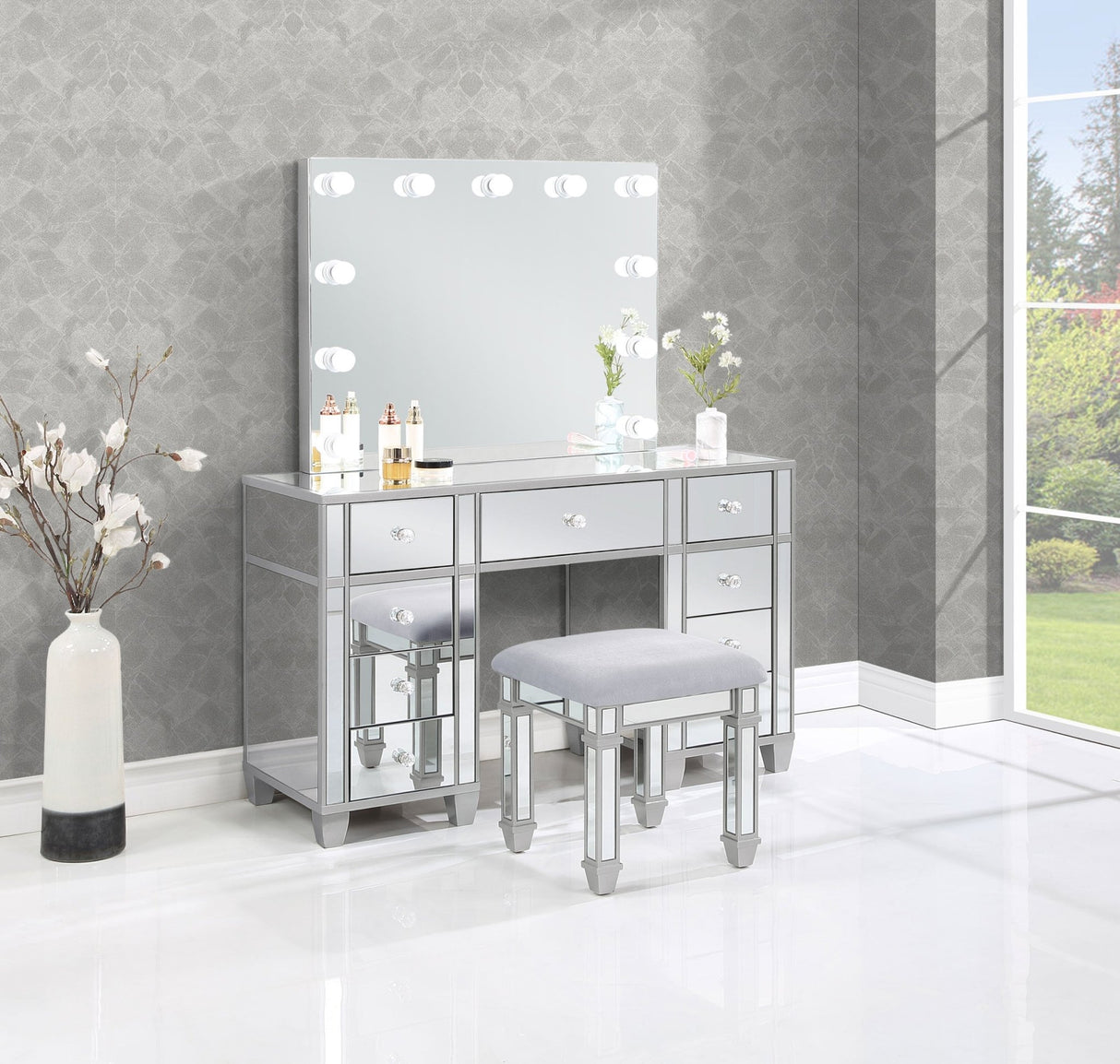 Allora 9 - drawer Mirrored Storage Vanity Set with Hollywood Lighting Metallic | Coaster | Home Elegance USA