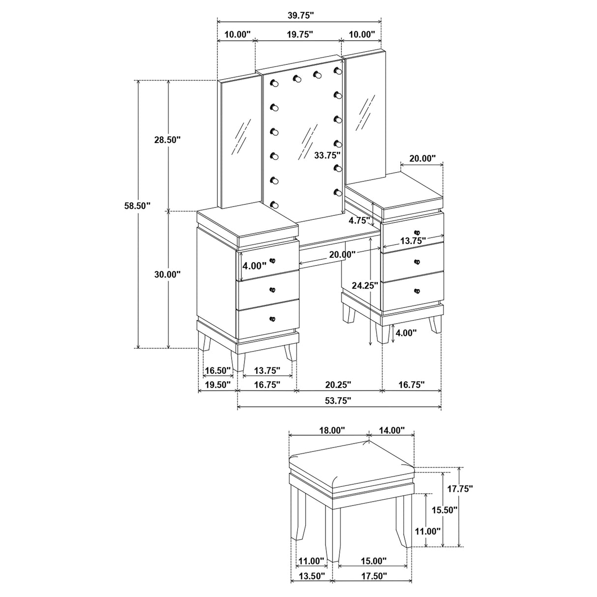 Vanity Set - Talei 6-drawer Vanity Set with Hollywood Lighting Black and White