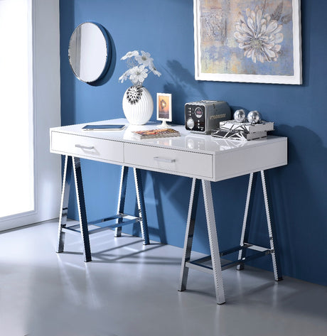 Acme - Coleen Writing Desk W/USB 93047 White High Gloss & Chrome Finish