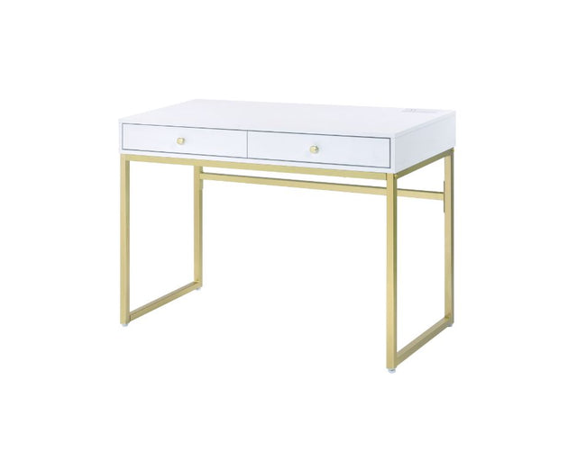 Acme - Coleen Writing Desk W/USB 93052 White & Brass Finish