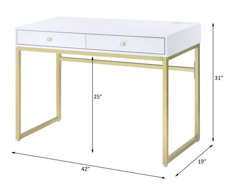 Acme - Coleen Writing Desk W/USB 93052 White & Brass Finish