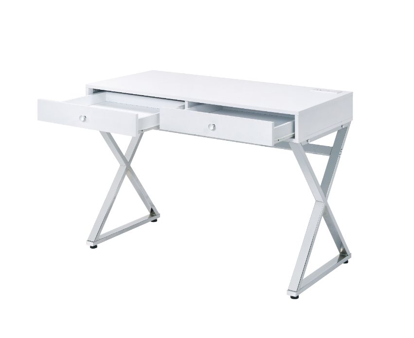 Acme - Coleen Writing Desk W/USB 93060 White & Chrome Finish