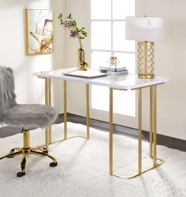 Acme - Estie Writing Desk(Same Ac00902) 93102 White & Gold Finish