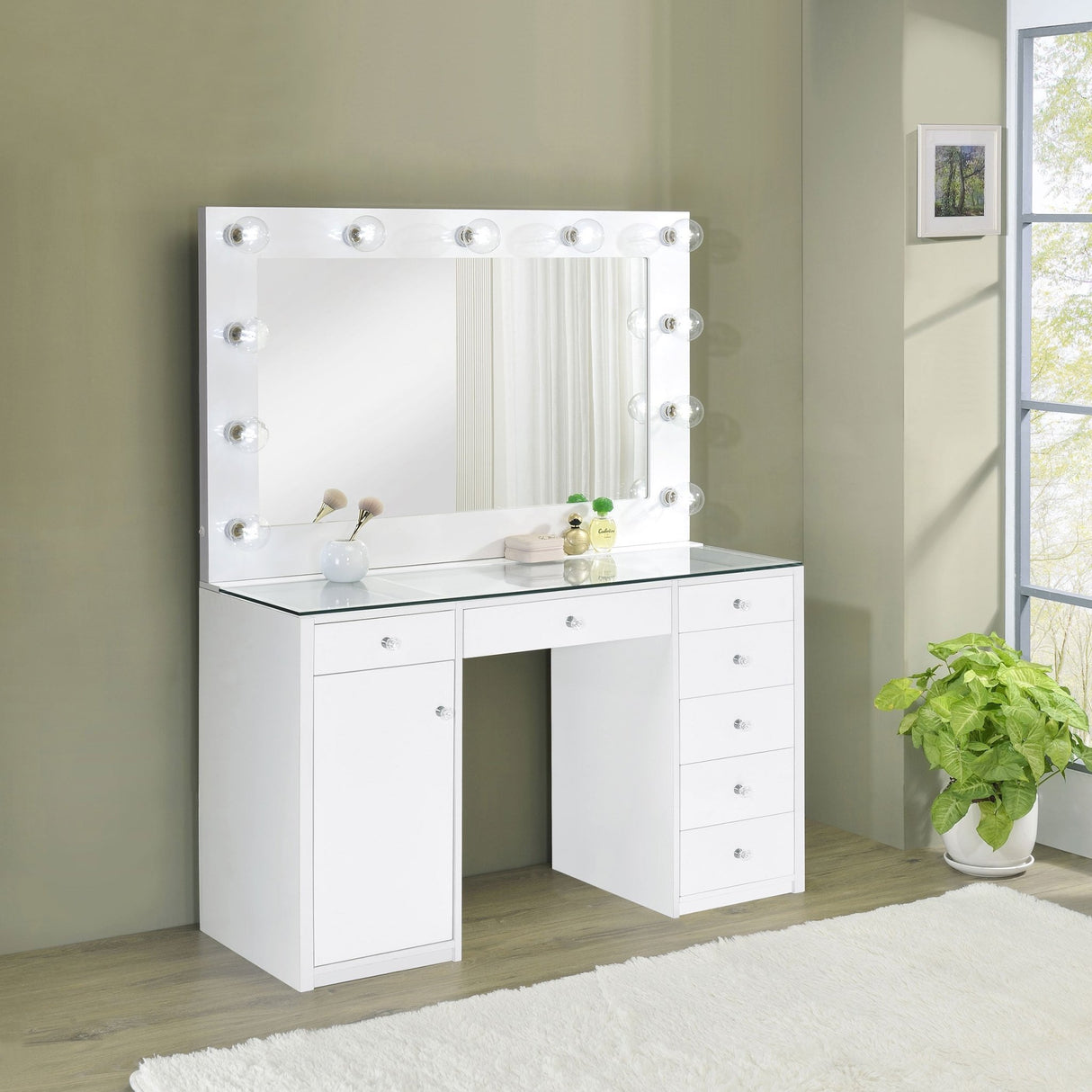 Acena 7 - drawer Glass Top Vanity Desk with Lighting White | Coaster | Home Elegance USA