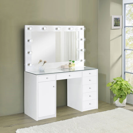 Acena 7 - drawer Glass Top Vanity Desk with Lighting White | Coaster - 931143 - Home Elegance USA - 2