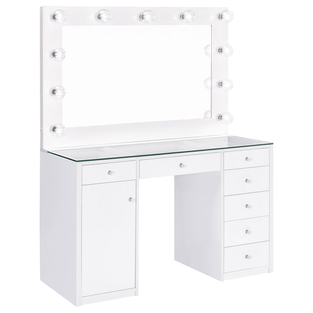 Acena 7 - drawer Glass Top Vanity Desk with Lighting White | Coaster | Home Elegance USA