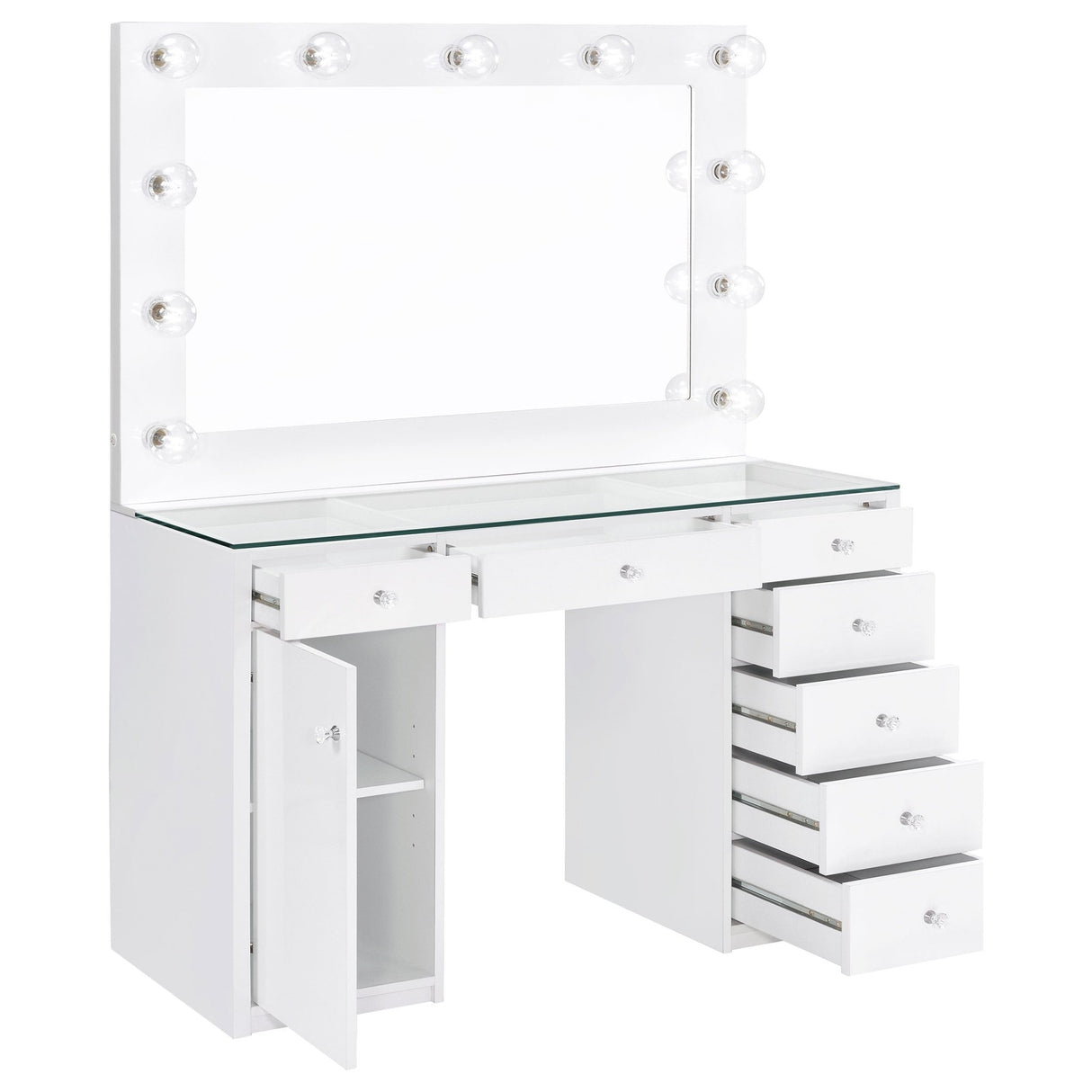 Acena 7 - drawer Glass Top Vanity Desk with Lighting White | Coaster | Home Elegance USA