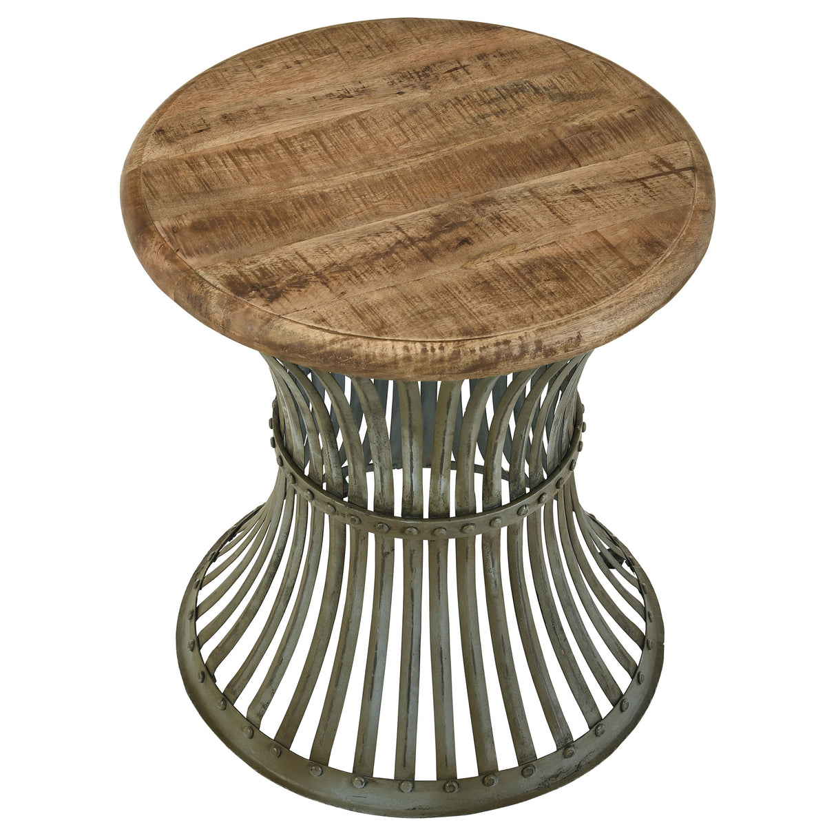Side Table - Matyas Round Accent Table with Natural Top and Blue Distressed Base