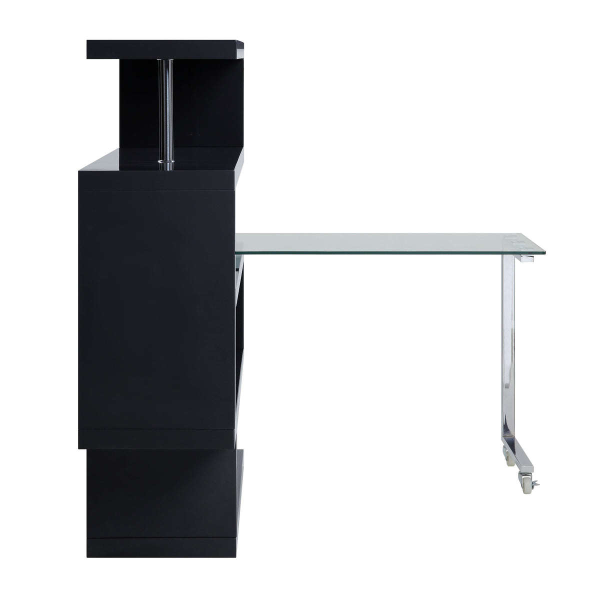 Acme - Buck II Writing Desk W/Bookshelf 93177 Clear Glass, Chrome & Black High Gloss Finish