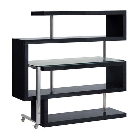 Acme - Buck II Writing Desk W/Bookshelf 93177 Clear Glass, Chrome & Black High Gloss Finish