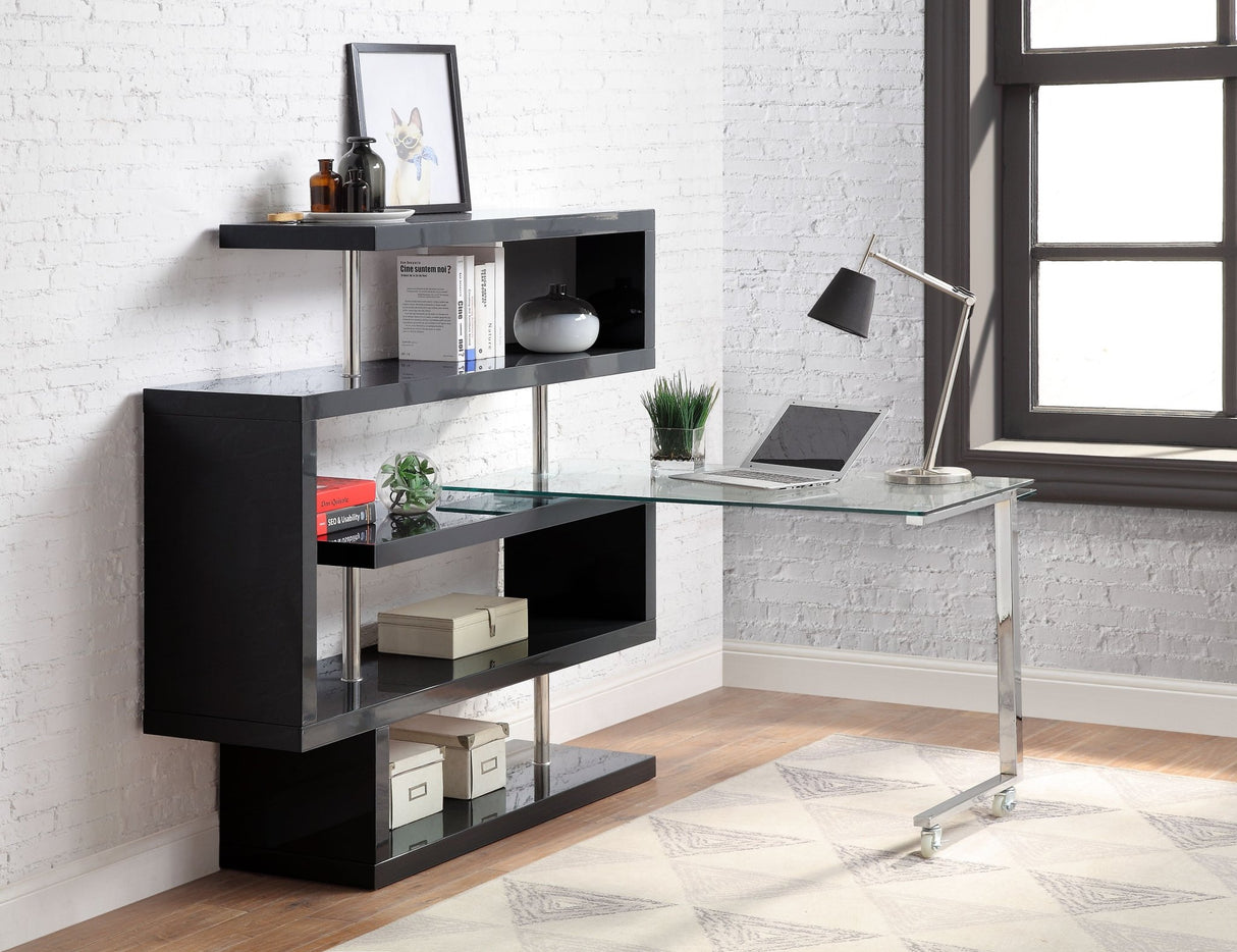 Buck II Writing Desk W/Bookshelf 93177 Clear Glass, Chrome & Black High Gloss Finish | Acme - 93177 - Home Elegance USA - 6