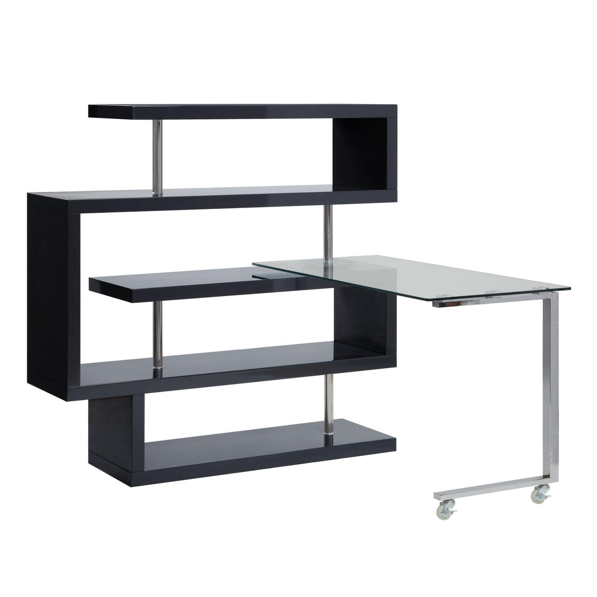 Buck II Writing Desk W/Bookshelf 93177 Clear Glass, Chrome & Black High Gloss Finish | Acme - 93177 - Home Elegance USA - 1