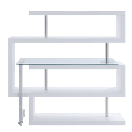 Acme - Buck II Writing Desk W/Bookshelf 93179 Clear Glass, Chrome & White High Gloss Finish