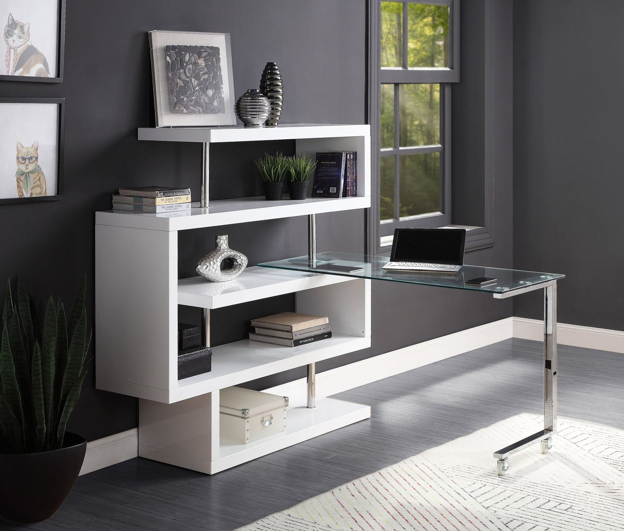 Buck II Writing Desk W/Bookshelf 93179 Clear Glass, Chrome & White High Gloss Finish | Acme - 93179 - Home Elegance USA - 6